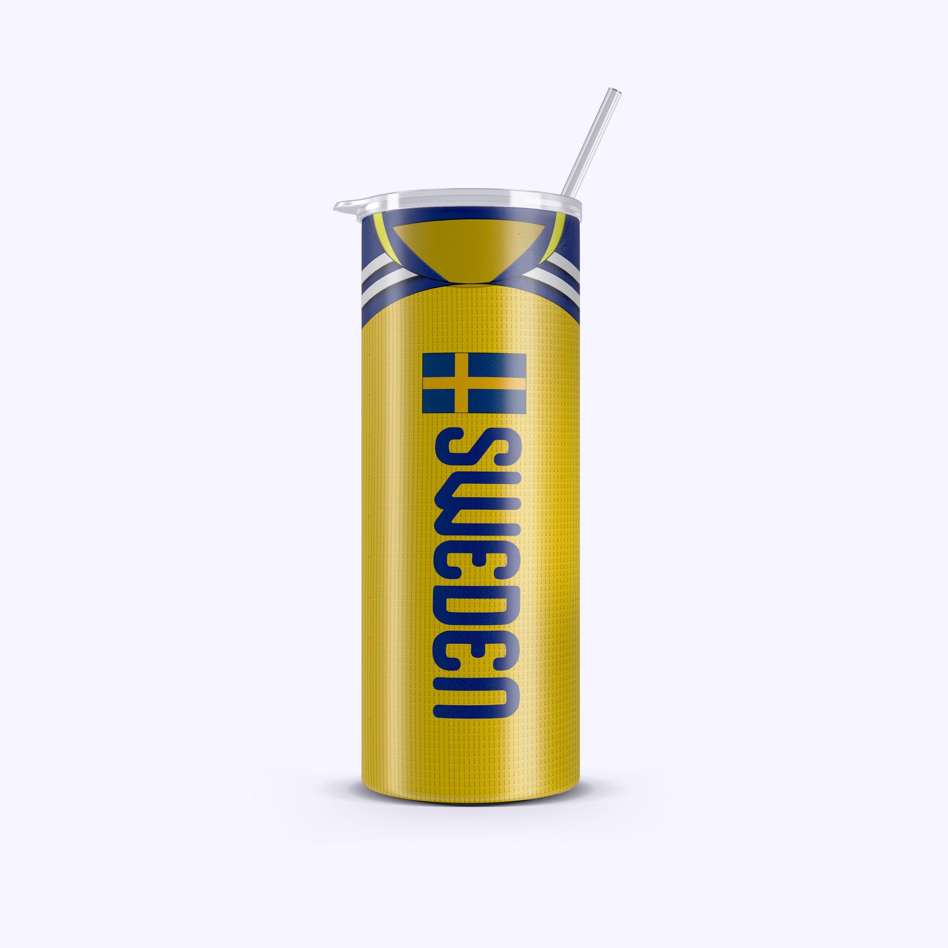 Yellow tumbler with 'Sweden' text on a white background
