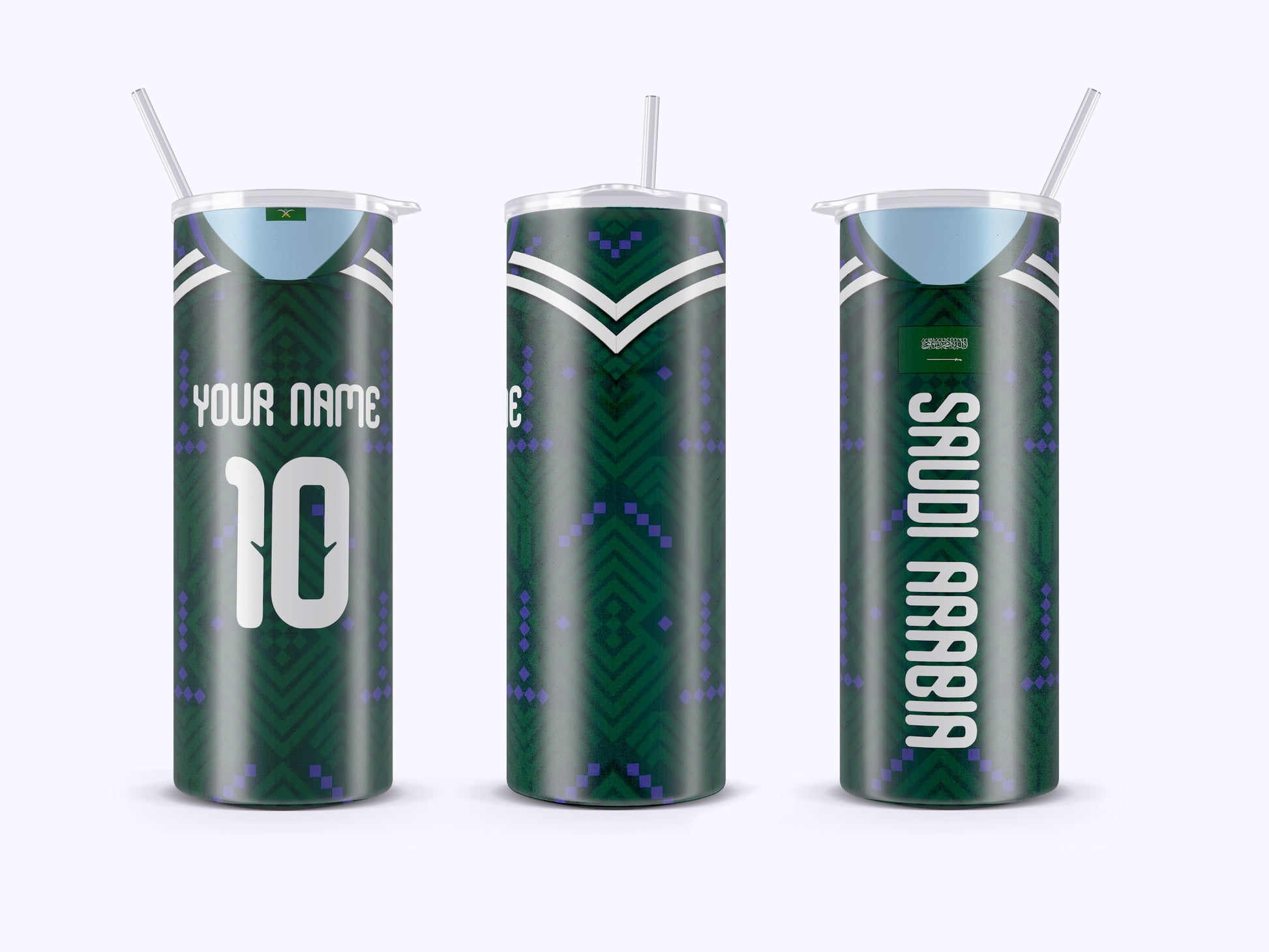 Three green tumblers with personalized text on a white background