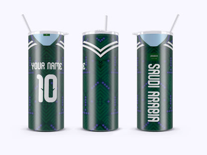 Three green tumblers with personalized text on a white background