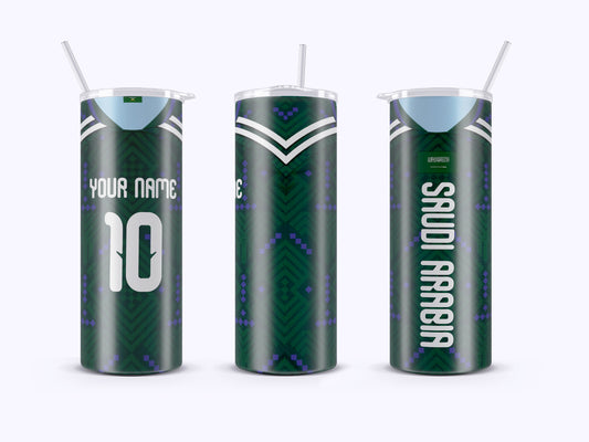 Three green tumblers with personalized text on a white background