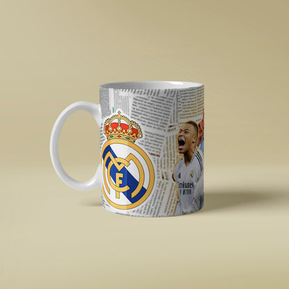 Mug with Real Madrid logo and player image on a beige background