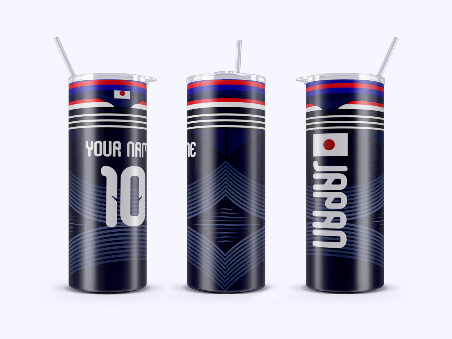 Three cylindrical tumblers with Japanese flag design on a white background