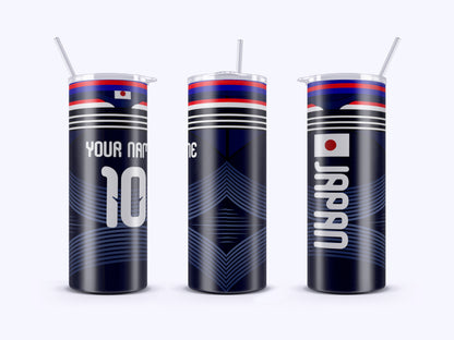 Three cylindrical tumblers with Japanese flag design on a white background