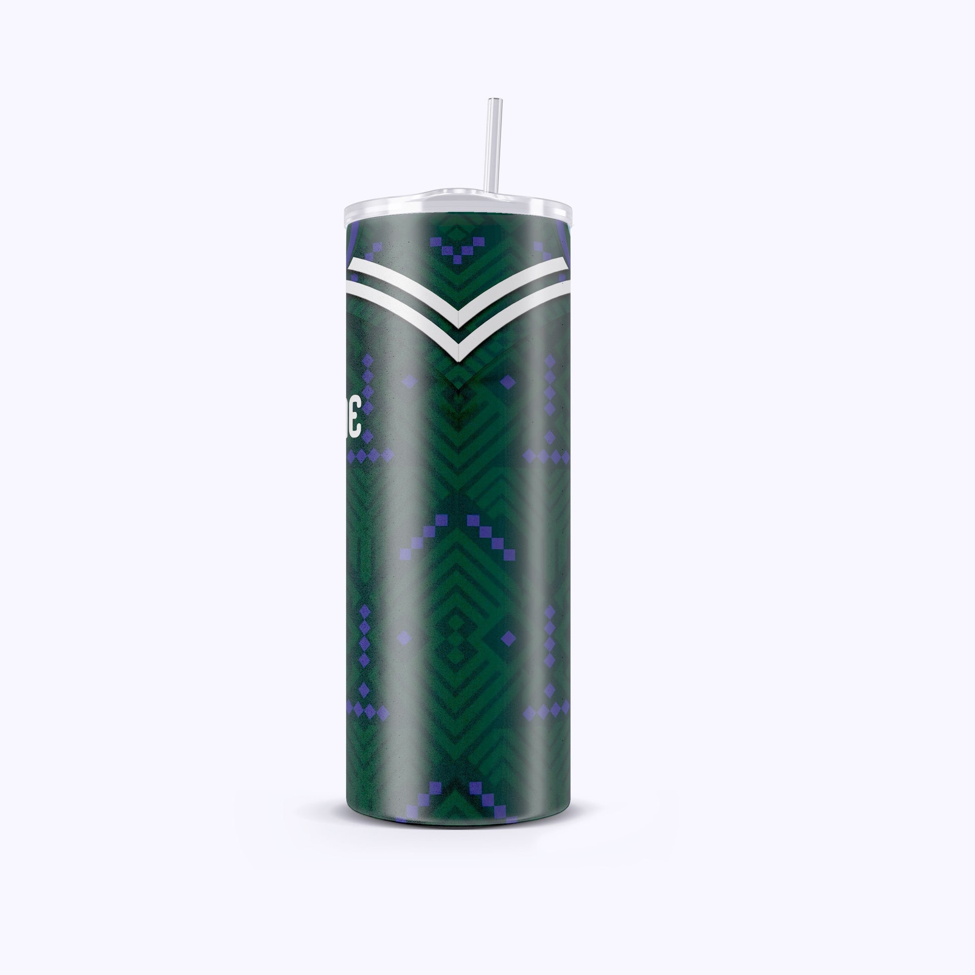 Green cylindrical tumbler with a patterned design on a white background