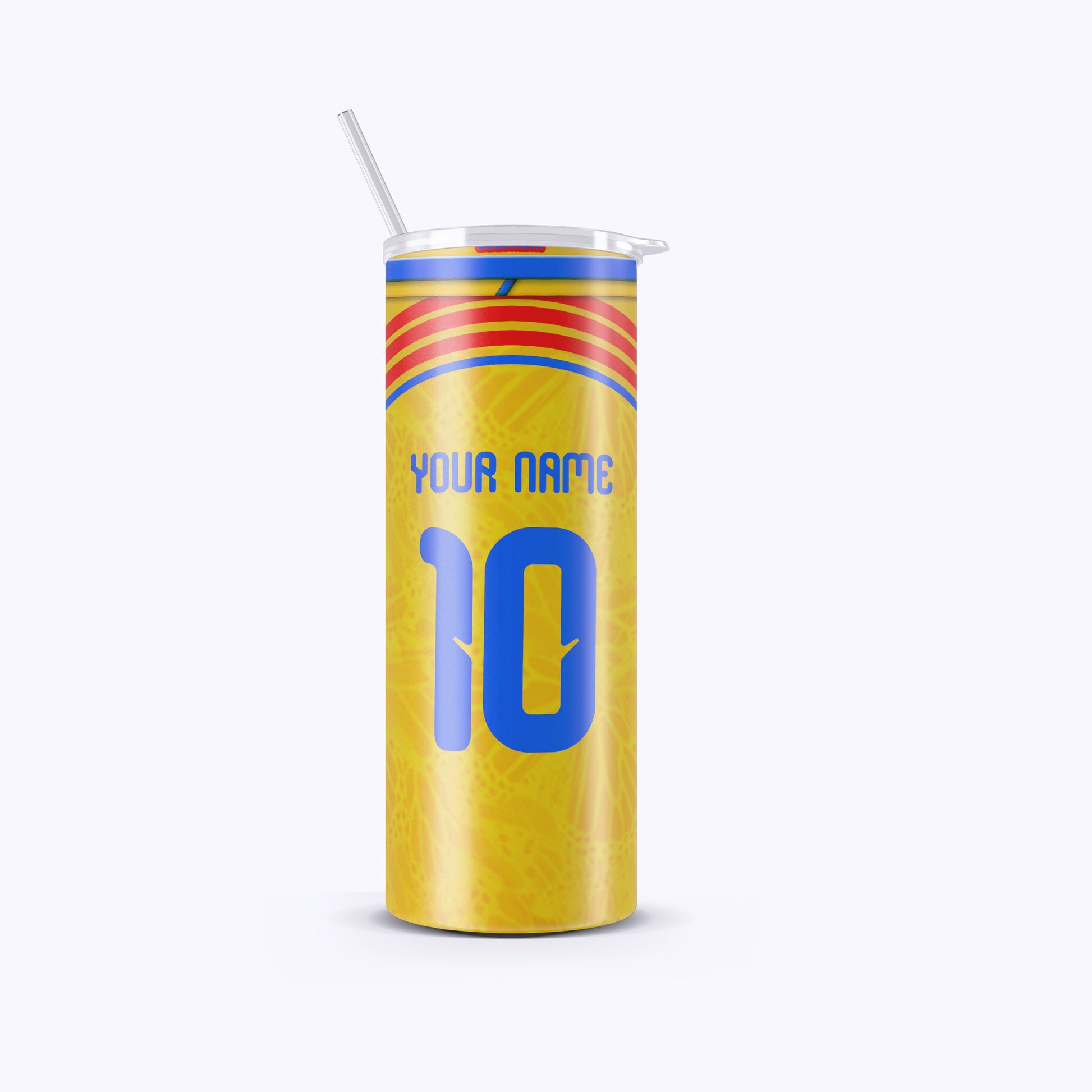 Yellow tumbler with colorful stripes and customizable text on a white background