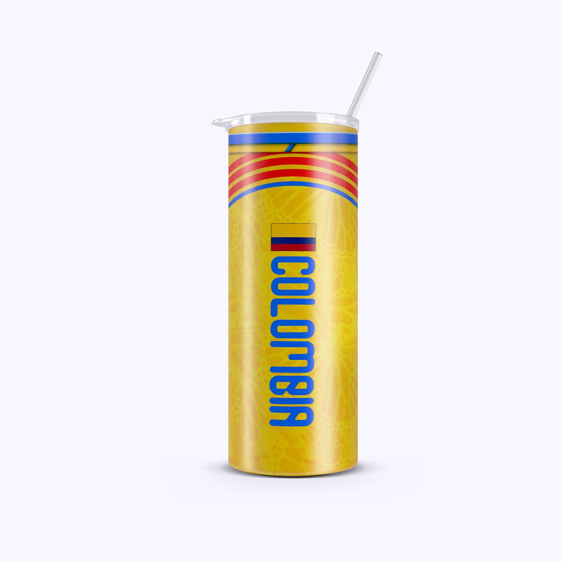 Yellow tumbler with 'Colombia' text and colorful design on a white background
