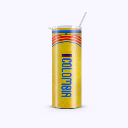 Yellow tumbler with 'Colombia' text and colorful design on a white background