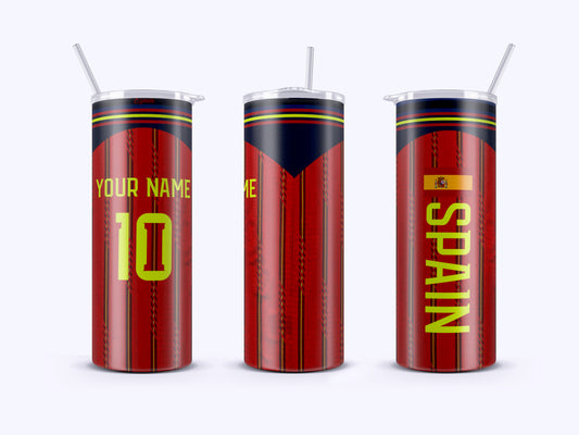 Three red and black tumblers with customizable text on a white background