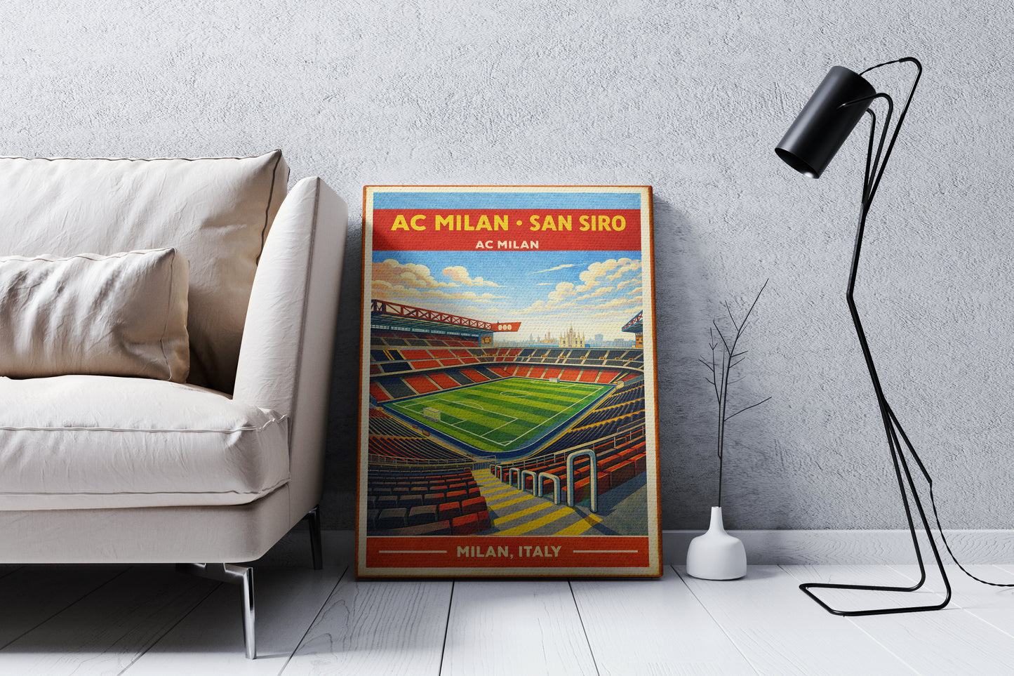 Poster of AC Milan's San Siro stadium in a modern living room.