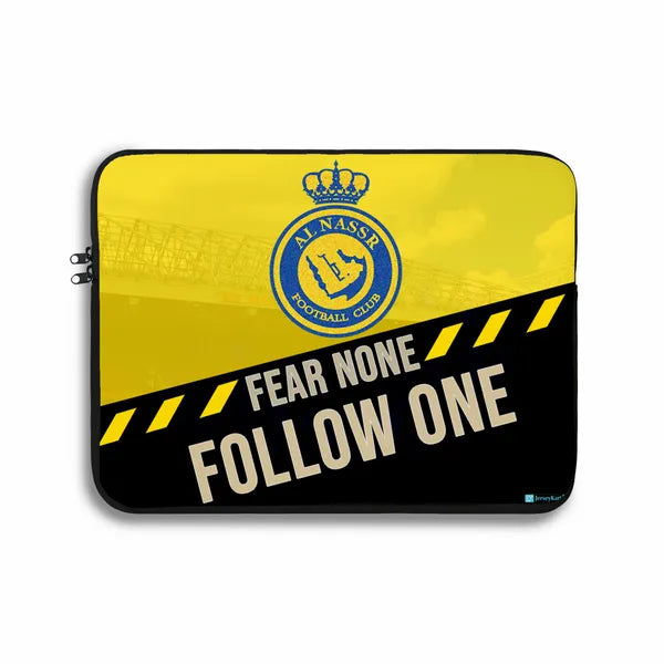 Laptop sleeve with Al Nassr FC logo and text on a yellow and black background