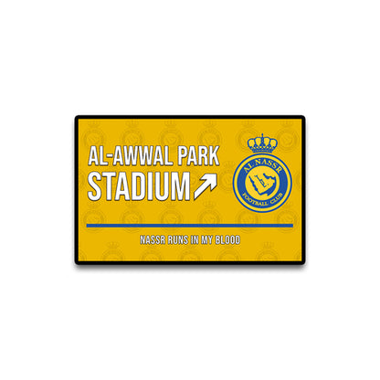 Yellow sign with text and a logo on a white background