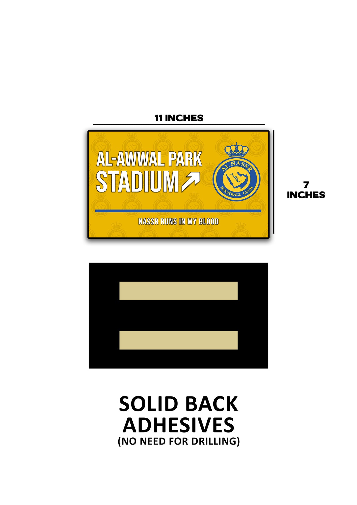 Stadium banner with measurements and adhesive information on a white background