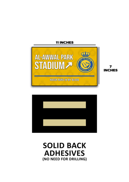 Stadium banner with measurements and adhesive information on a white background