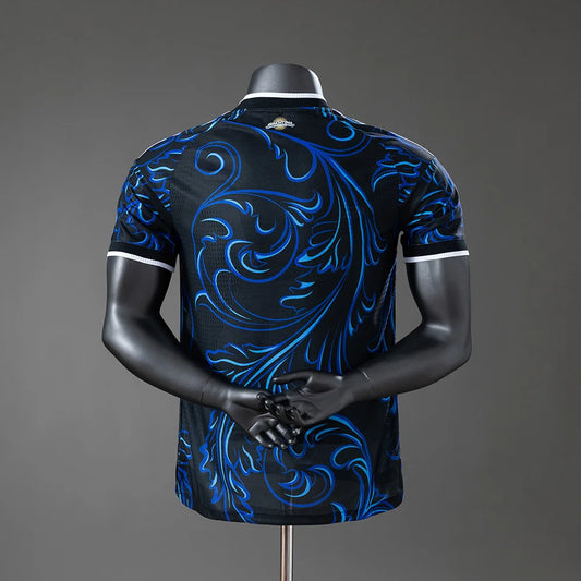 Blue patterned shirt on a mannequin against a gray background