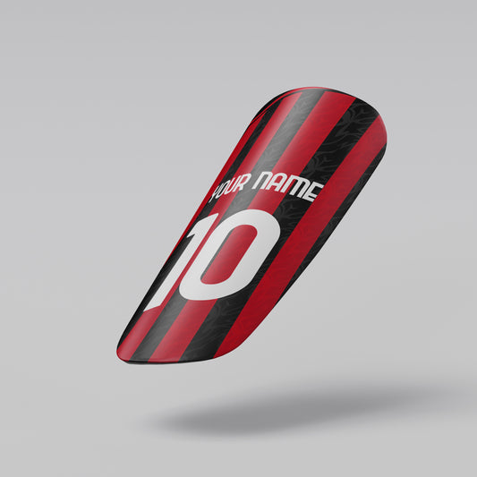 Red and black sports equipment with customizable text on a gray background