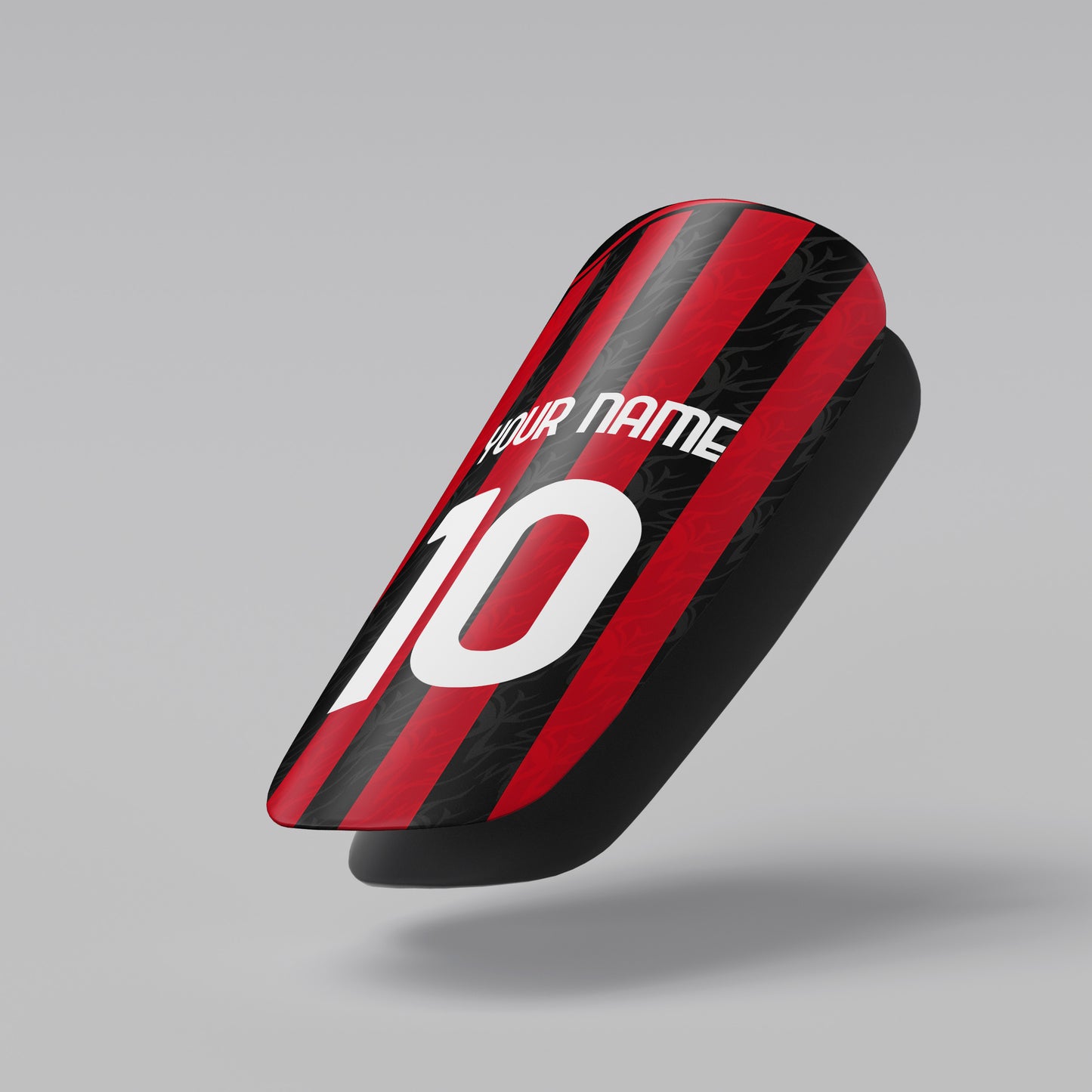 Black and red sports equipment with customizable text on a gray background