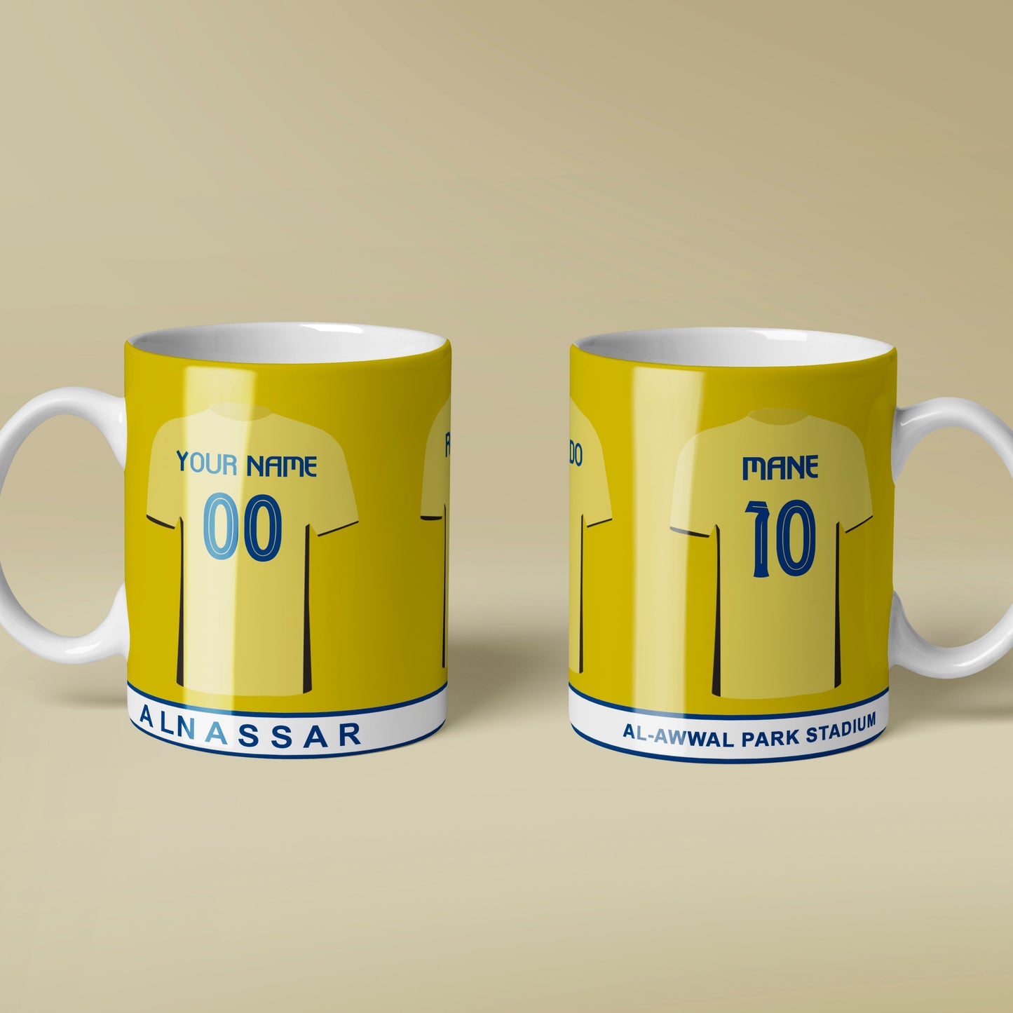 Two yellow mugs with white handles on a beige background
