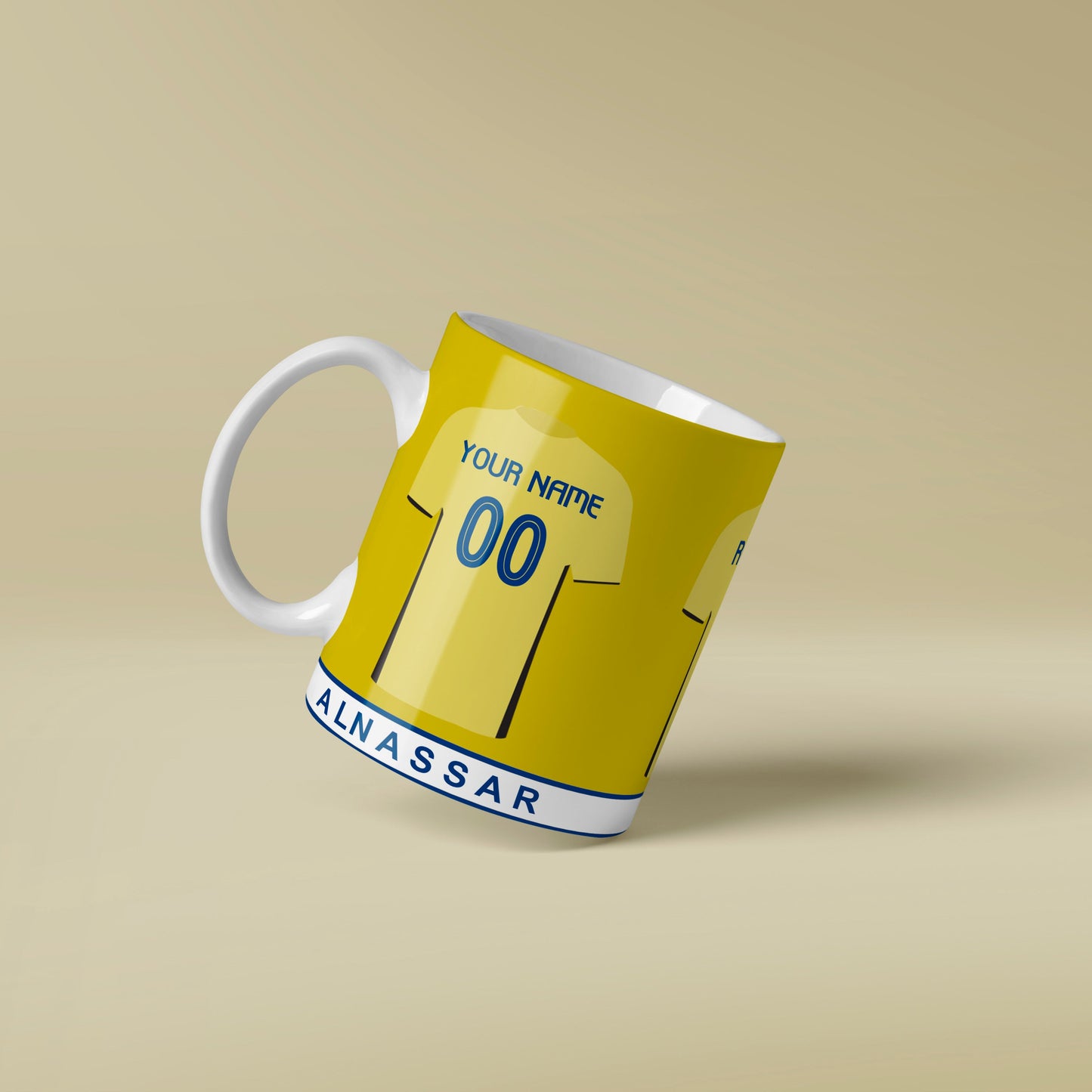 Yellow mug with a sports jersey design on a beige background
