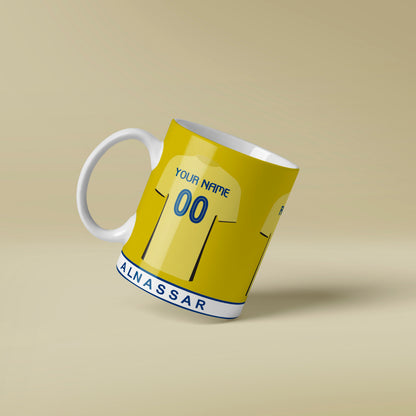 Yellow mug with a sports jersey design on a beige background