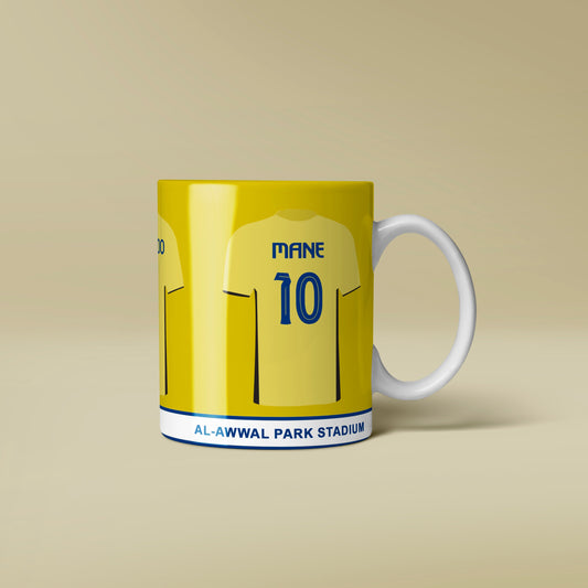 Mug with a yellow sports jersey design featuring the number 10 on a beige background
