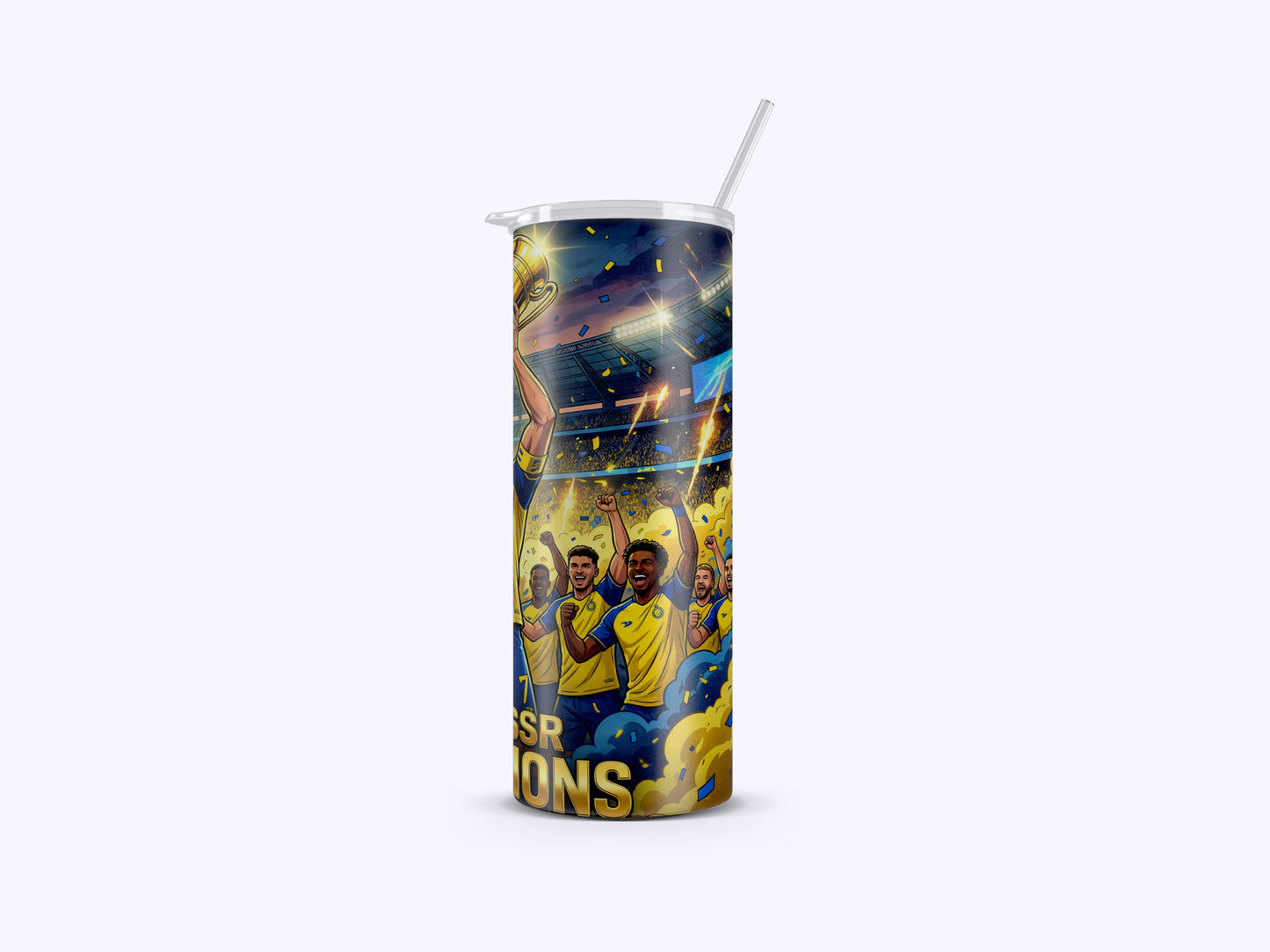 Tumbler with soccer-themed design featuring players and text on a white background