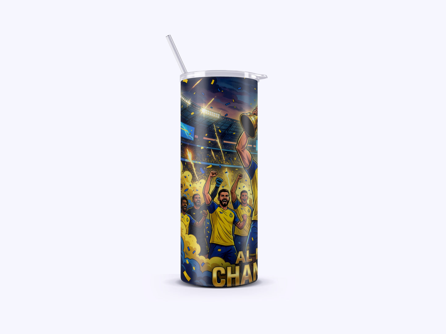 Tumbler with sports-themed design on a white background