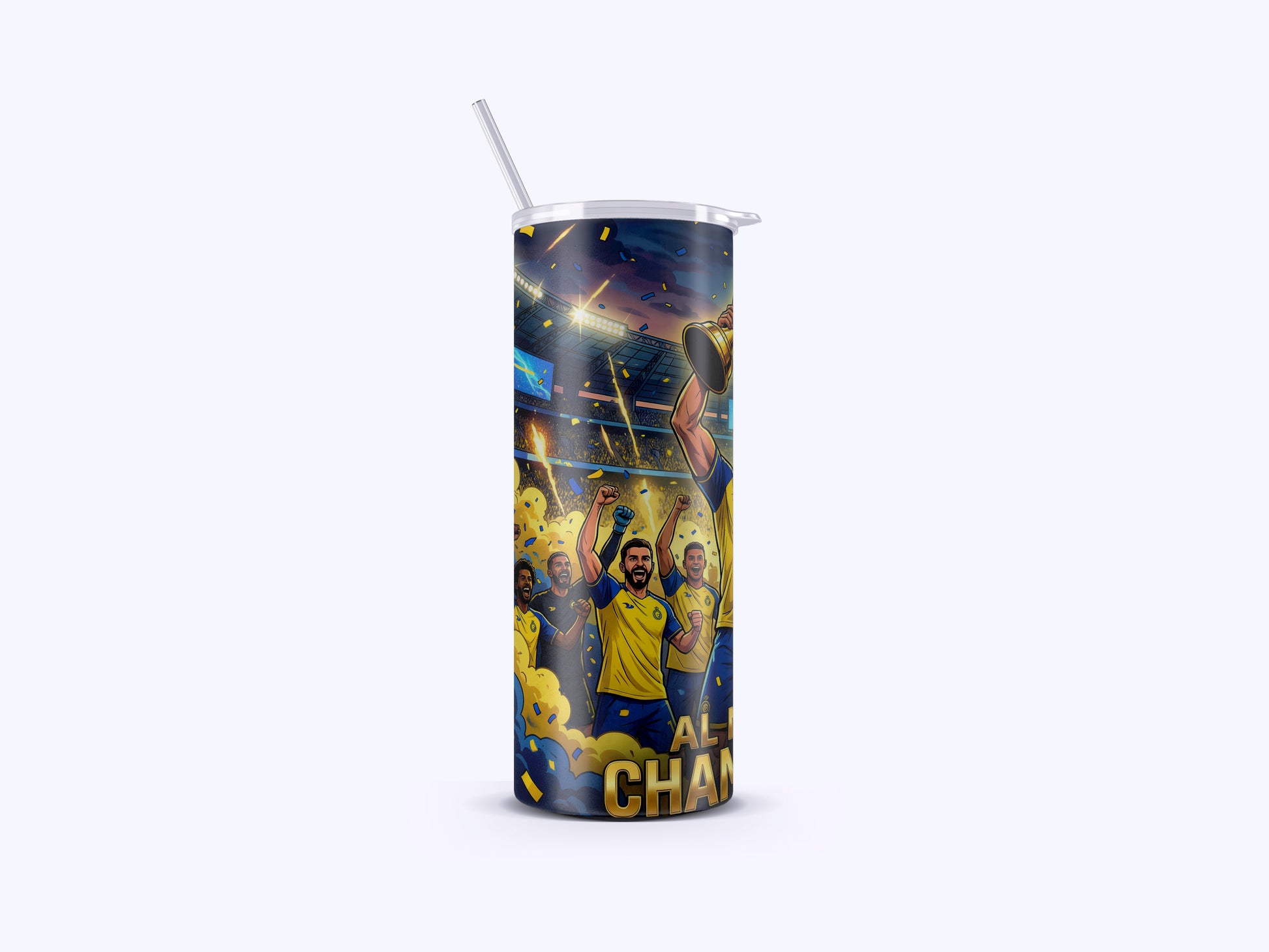 Tumbler with sports-themed design on a white background