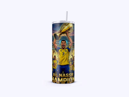 Tumbler with a soccer player holding a trophy and 'Al Nassr Champion' text on a white background