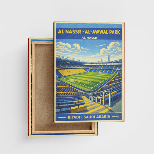 Stadium-themed box with a colorful illustration of Al Nassr Al-Awwal Park in Riyadh, Saudi Arabia.