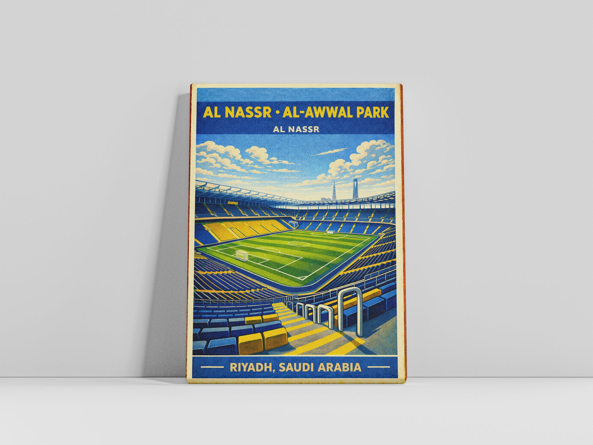 Poster of Al Nassr Al-Awwal Park with stadium illustration on a gray background