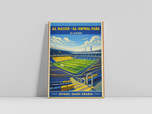 Poster of Al Nassr Al-Awwal Park with stadium illustration on a gray background