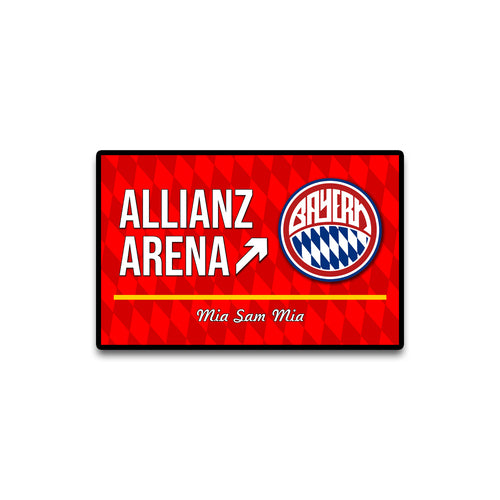 Allianz Arena sign with Bayern Munich logo on a red background