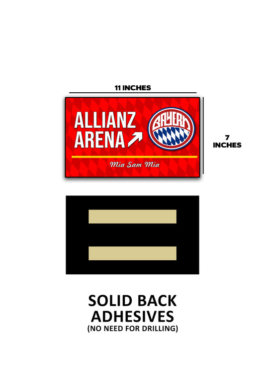 Allianz Arena sign with dimensions and adhesive information on a white background