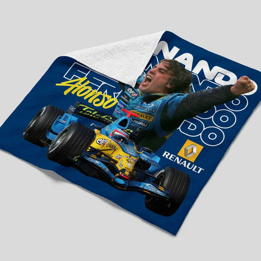 Fleece blanket with a Formula 1 car and driver design on a gray background