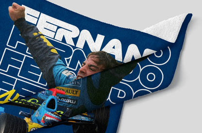 Ferrari-themed pillow with a racing car and driver design on a blue background