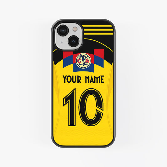 Phone case with soccer jersey design, including a flag and number 10 on a yellow background.
