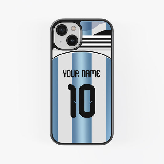 Phone case with blue and white striped design, customizable text, on a white background