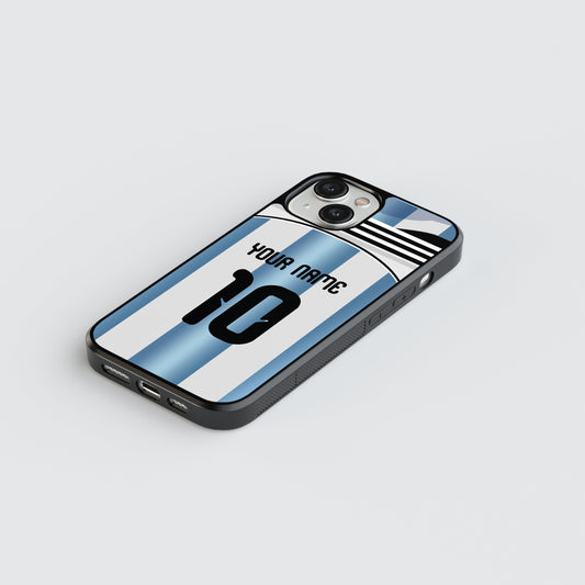 Phone case with customizable name and number on a red background