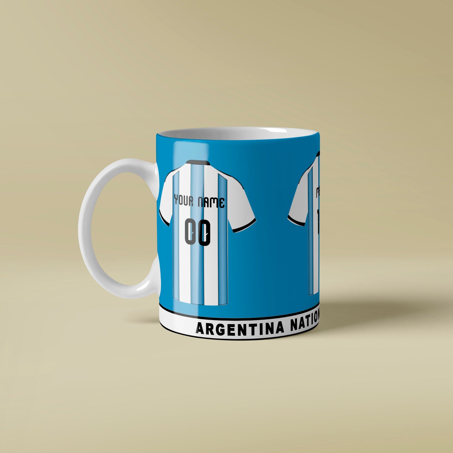 Mug with Argentina national team jersey design on a beige background