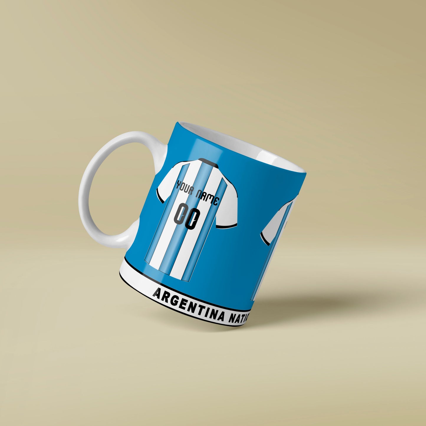 Mug with Argentina national team jersey design on a beige background