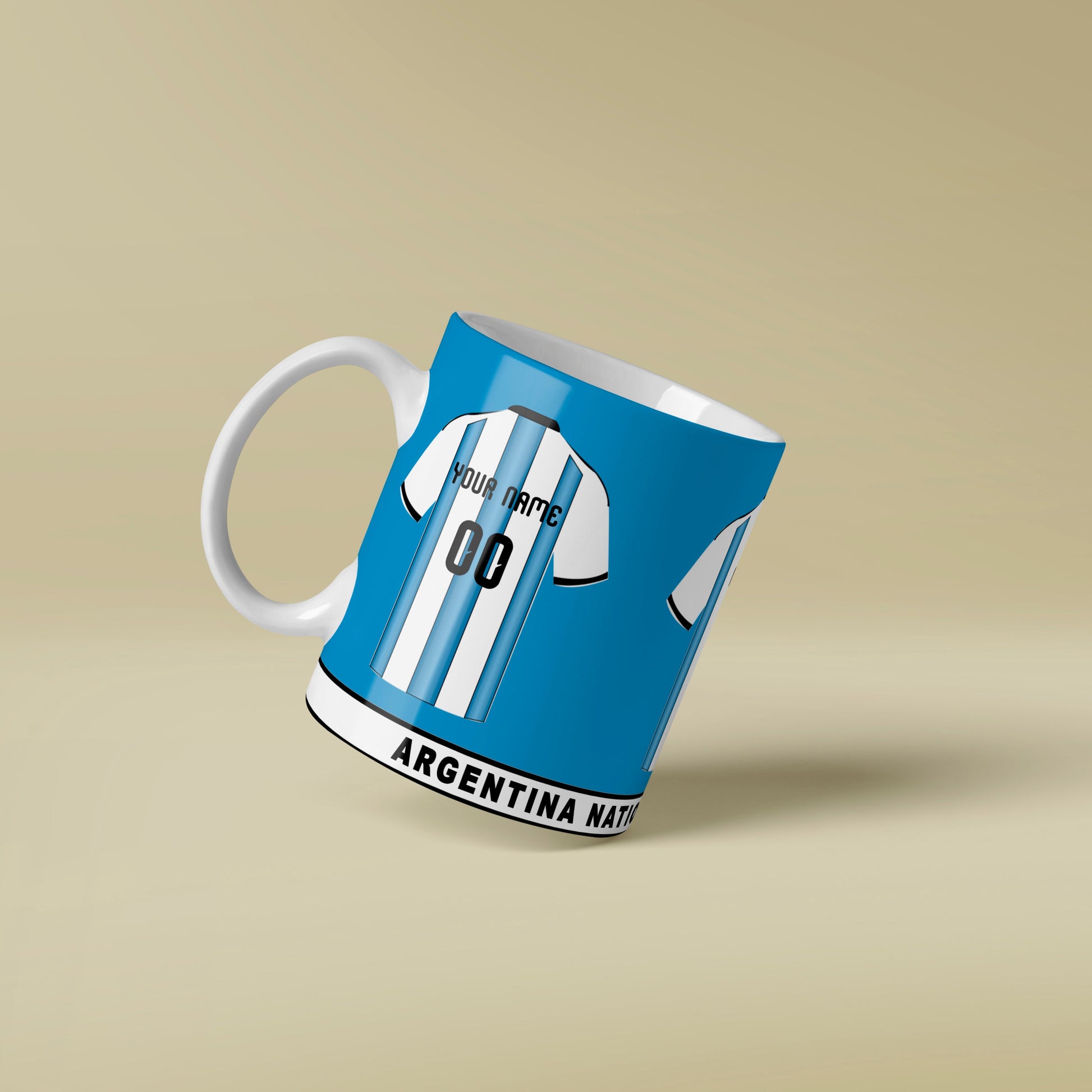 Mug with Argentina national team jersey design on a beige background