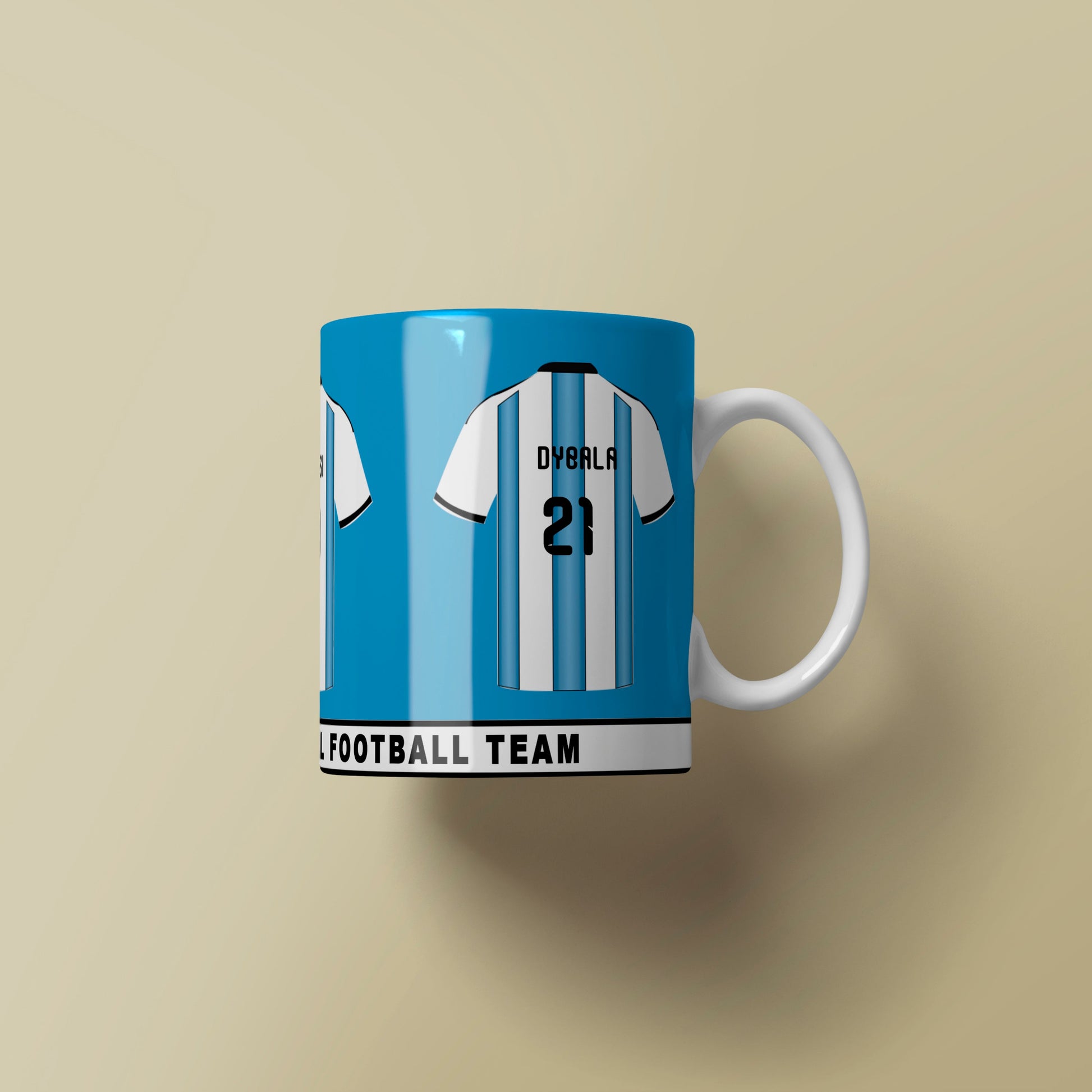 Mug designed like a football team jersey with blue and white stripes on a beige background