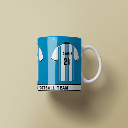Mug designed like a football team jersey with blue and white stripes on a beige background