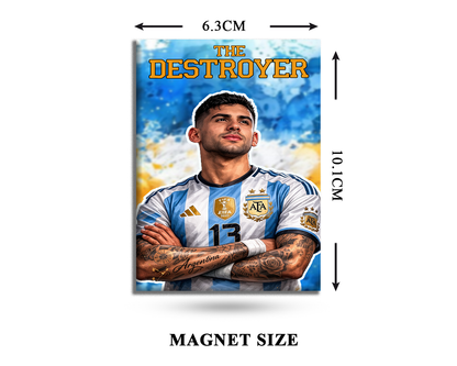 Magnet with a person wearing a sports jersey, labeled 'The Destroyer', with dimensions indicated.