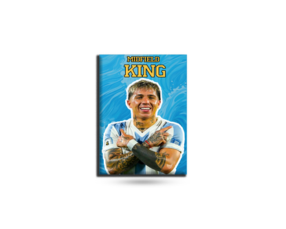 Fridge magnet with a person's portrait and 'Midfield King' text on a blue background