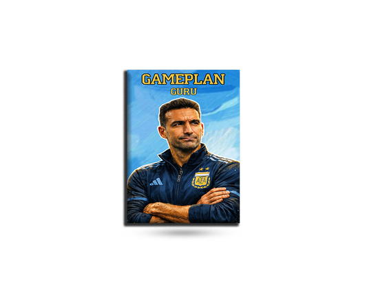 Fridge magnet with a person wearing a blue jacket and 'Gameplan Guru' text on a blue background