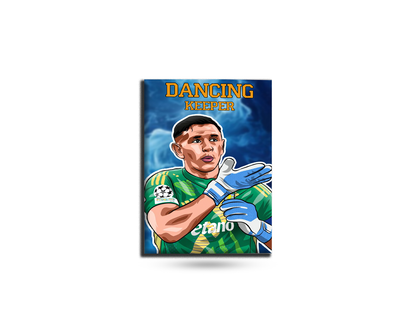 Fridge magnet of a soccer goalkeeper with 'Dancing Keeper' text on a blue background