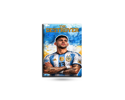 Framed picture of a soccer player in an Argentina jersey with 'The Destroyer' text on a white background.