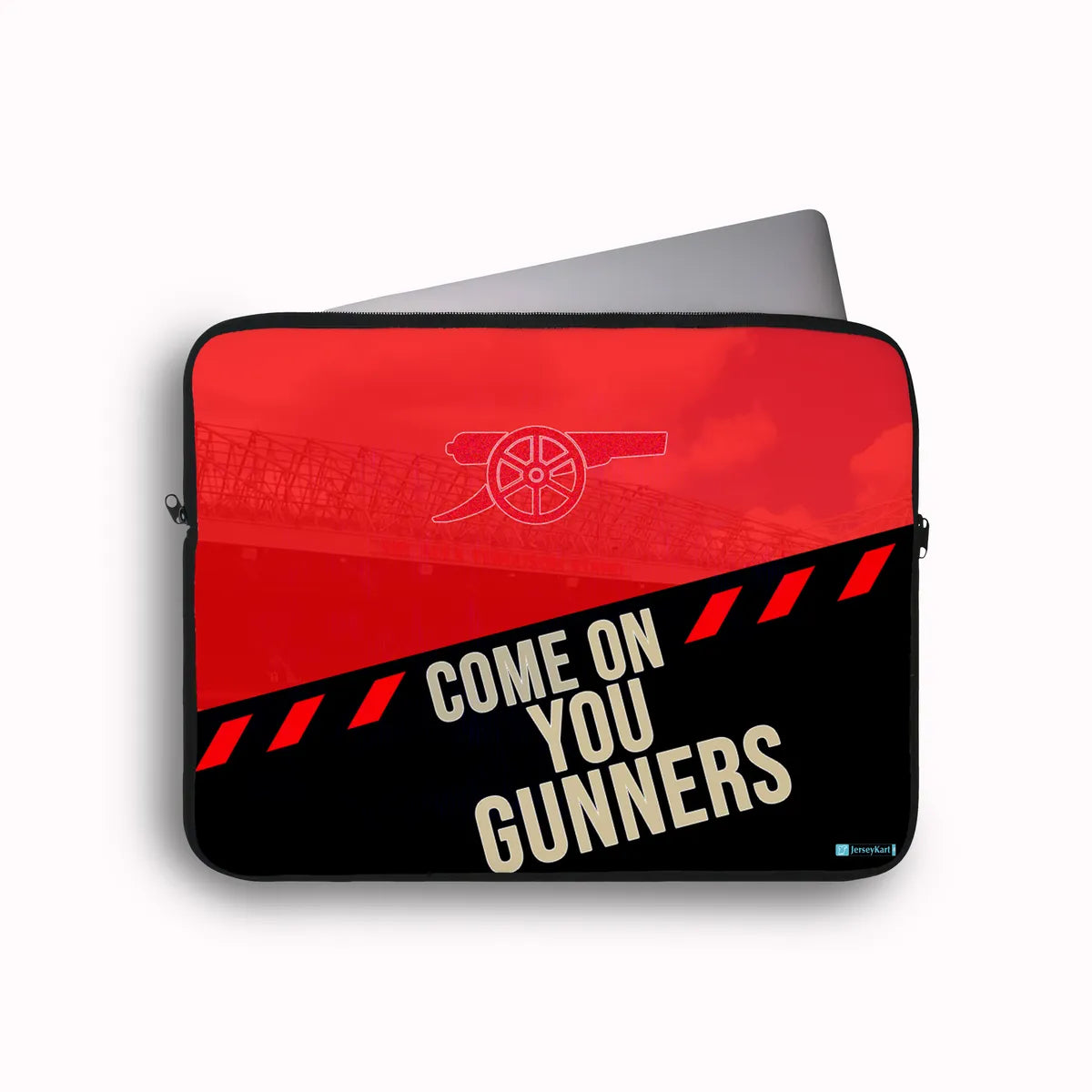 Laptop sleeve with Arsenal FC logo and 'Come on You Gunners' text on a white background