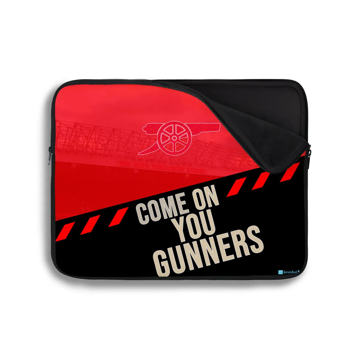 Laptop sleeve with Arsenal FC logo and 'Come on You Gunners' text on a red and black background